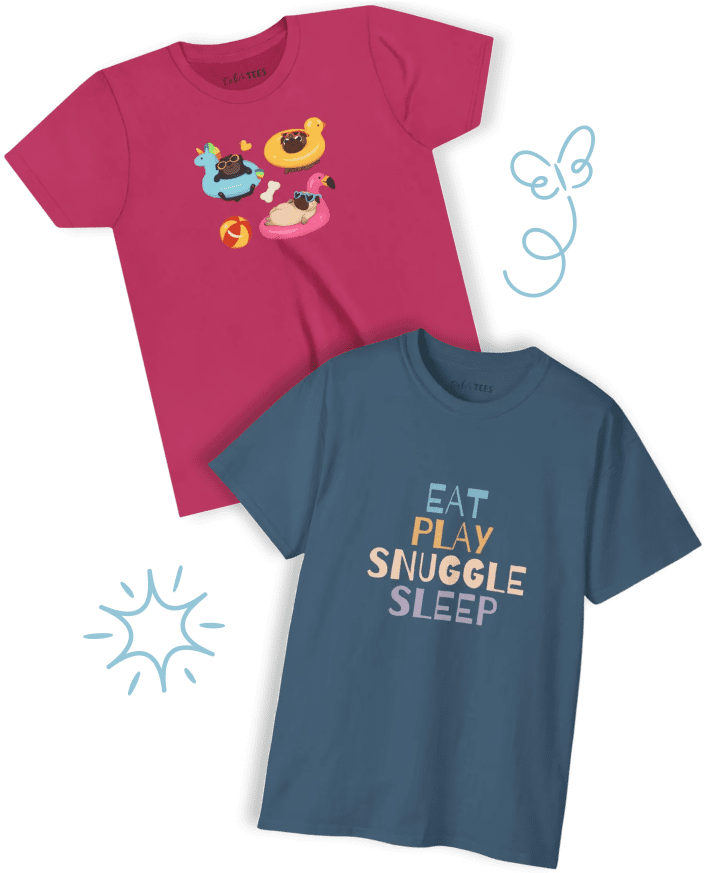 Two colorful graphic t-shirts with designs.