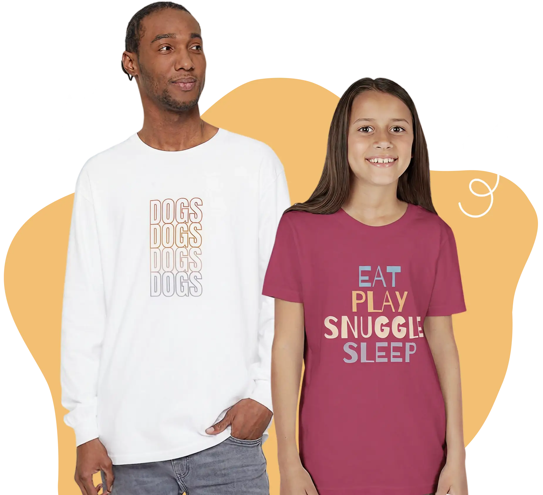 Man and girl wearing graphic t-shirts smiling.