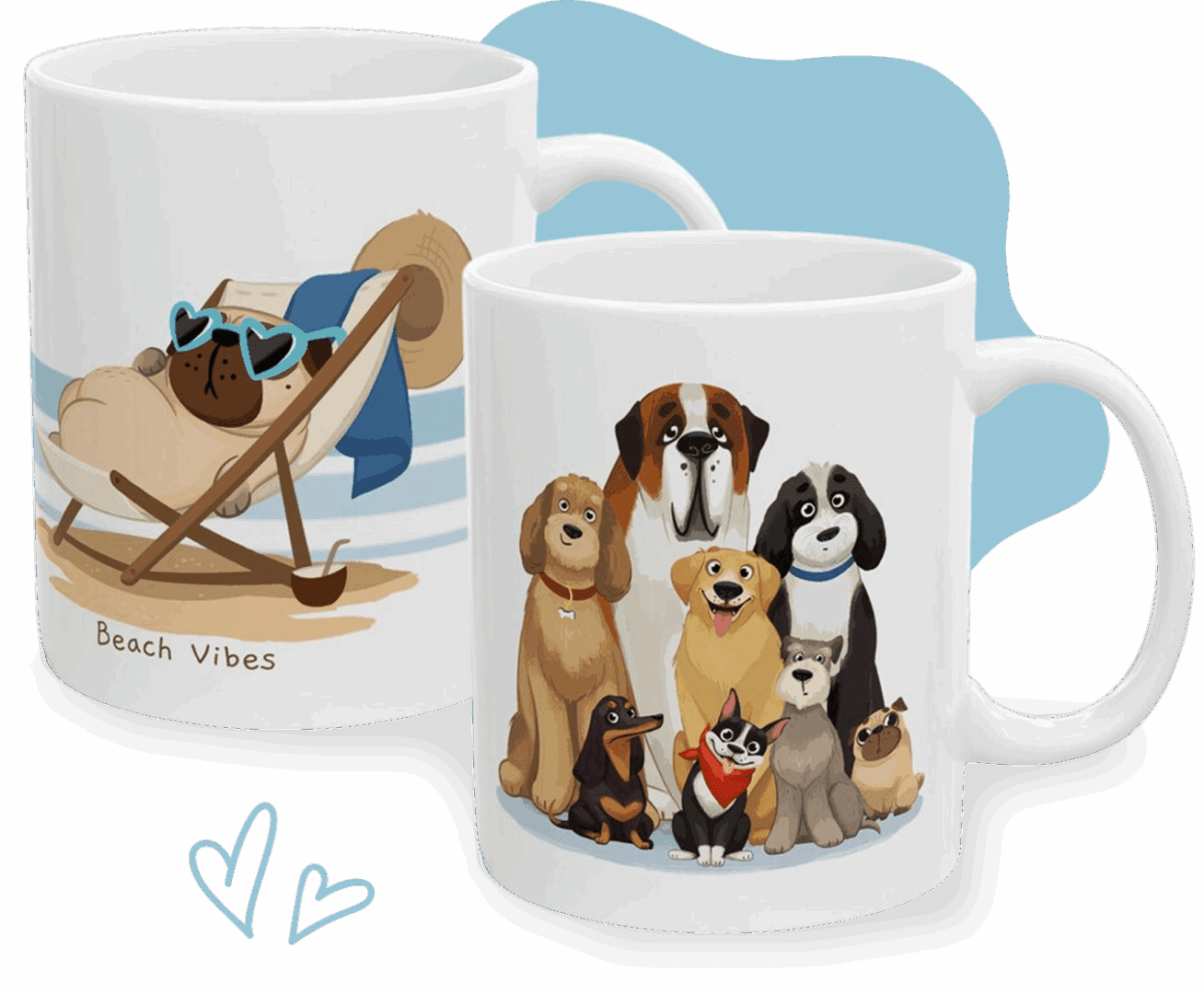 Mugs with cartoon dogs and beach theme.